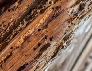 Holz mit typischen Holzwurm-Bohrlöchern und Fraßgängen als Zeichen eines Befalls.