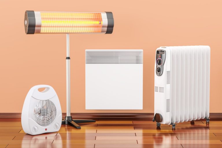 Elektrische Heizsysteme von links nach rechts: Heizstrahler, Infrarotstrahler, Radiator und mobiler Radiator