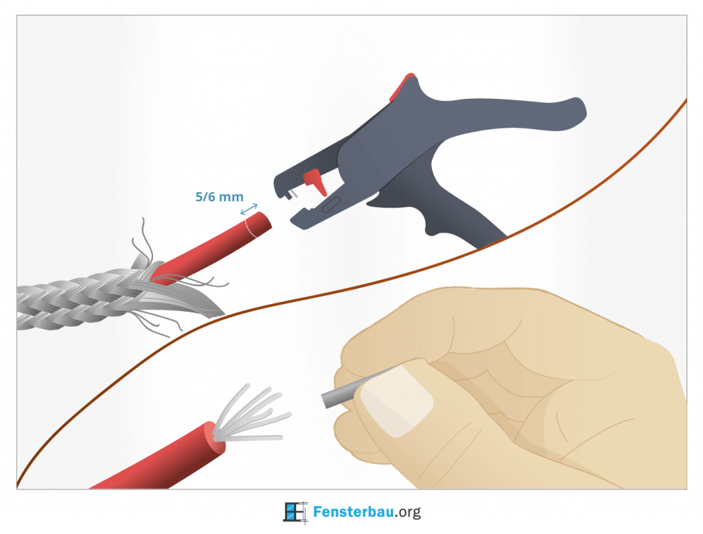 So entfernen Sie die Isolierungsschicht mit der Abisolierzange und bringen Sie am vorstehenden Heizdraht die Ader-Endhülse an.