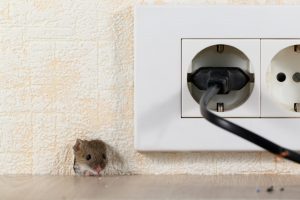Maus lugt aus einem Loch in der Wand mit Steckdose