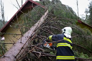 Ein umgefallener Baum liegt durch einen Sturm in einem Haus. Ein Feuerwehrmann arbeitet mit einer Kettensäge am Baum.