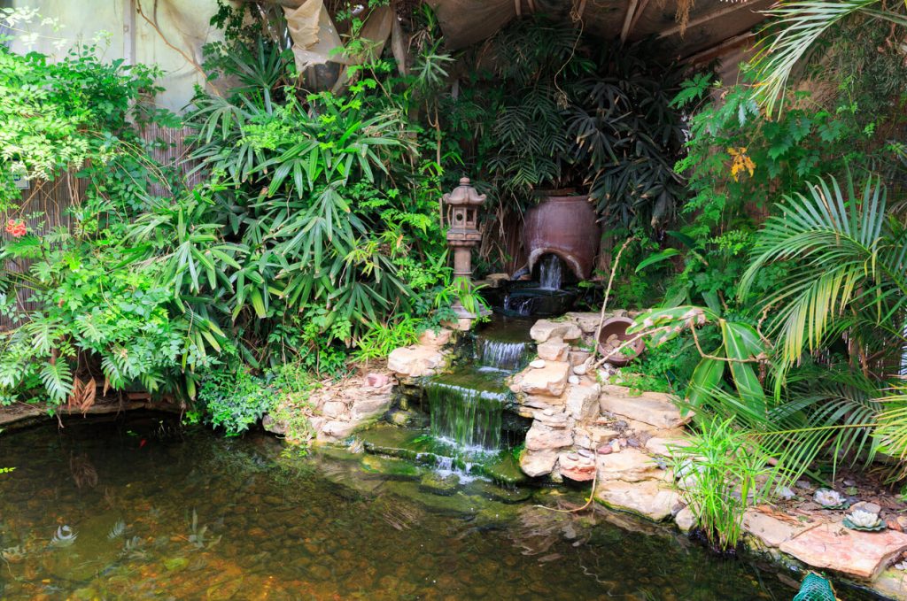 Kleiner künstlicher Wasserfall im Garten mit Teich, umgeben von üppiger tropischer Bepflanzung und Natursteinen.