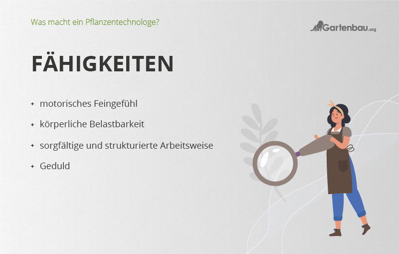 Illustrations mit allen benötigten Fähigkeiten die für das Berufsbild Pflanzentechnologe mitgebracht werden sollten.