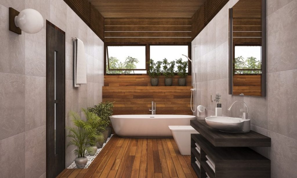 Feuchtraumpaneele aus Holz in einem modernen Badezimmer
