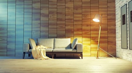 Wand in einem Wohnzimmer mit Wandpaneelen aus Holz