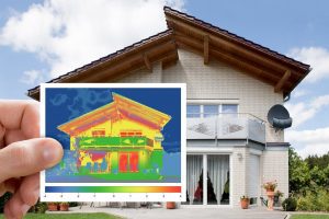 Ein Wärmebildfoto von einem Wohnhaus mit Haus im Hintergrund