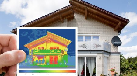 Ein Wärmebildfoto von einem Wohnhaus mit Haus im Hintergrund