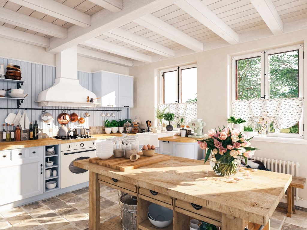 Küche mit Holztisch im Landhausstil