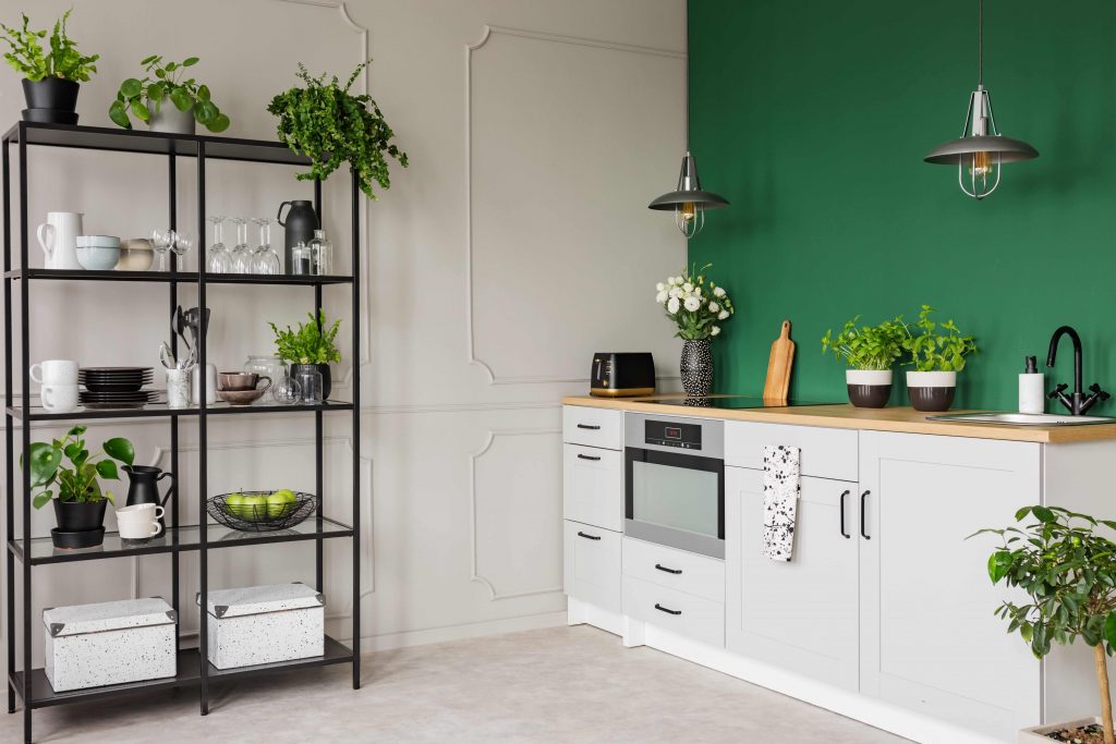 Pantryküche an einer grünen Wand mit schwarzem Regal