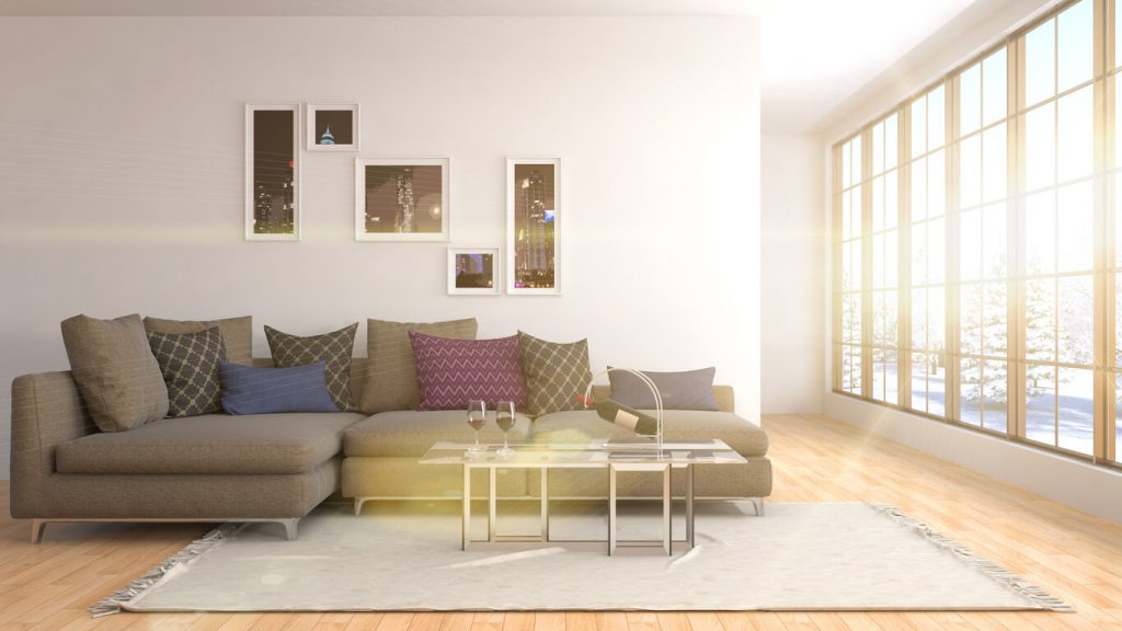 Wohnzimmer mit Panoramafenster mit Lichteinfall