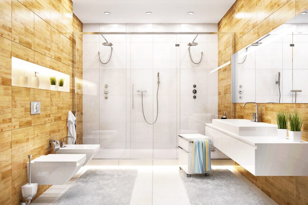 Badezimmer mit Holz an den Wänden als Alternative zu Fliesen