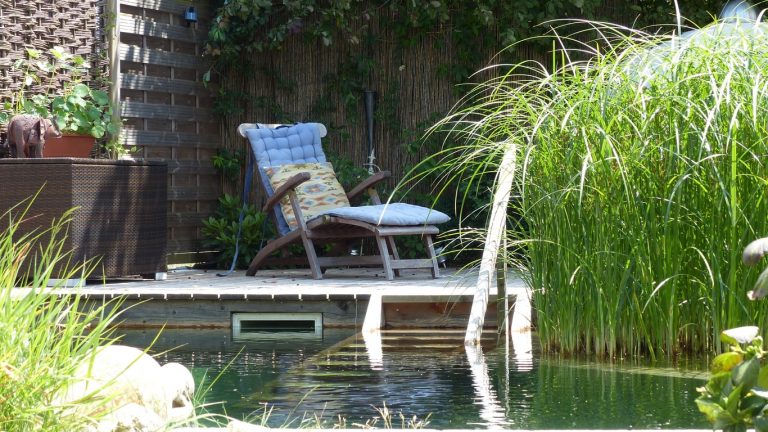 Schwimmteich im Garten mit Schilf und Holzterrasse mit Liegestuhl