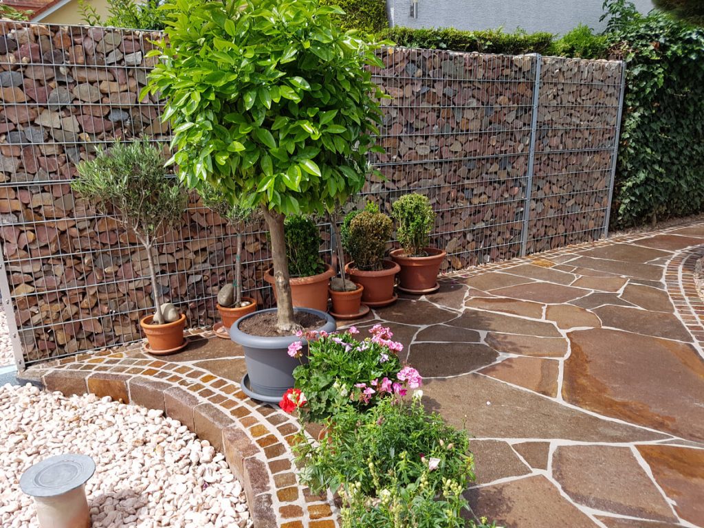 Steingabionen als Sichtschutzwand in einem Garten