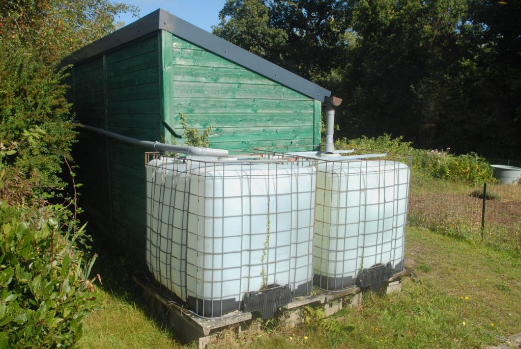 Oberirdische Regewasserspeicher an einem grünen Gartenhaus aus Holz im Garten
