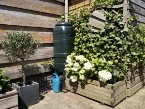 Oberirdischer Regenwassertank im Garten
