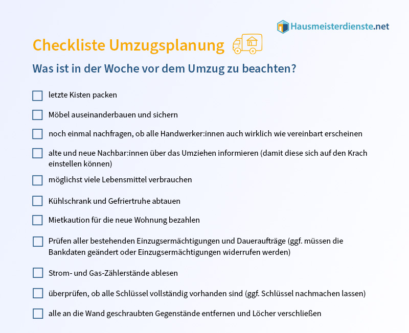 Checkliste für die Umzugsplanung eine Woche vor Umzug