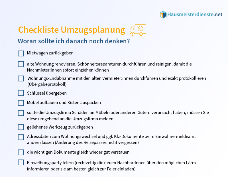 Checkliste für die Umzugsplanung mit Aufgaben nach dem Umzug