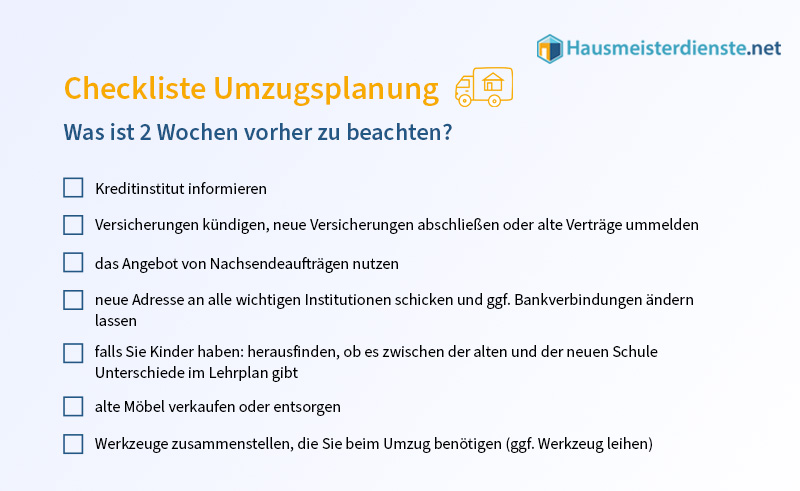 Checkliste für die Umzugsplanung zwei Wochen vor Umzug