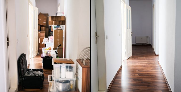 Ein Bild von einer Wohnung die aufgelöst wurde und ein Bild von einer Wohnung die leer steht