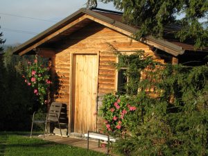 Blockhaus aus Holz in einem Garten