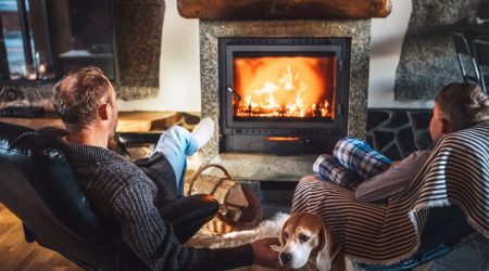 Vater sitzt mit Hund und seinem Sohn vor einem brennenden Kamin in Sesseln