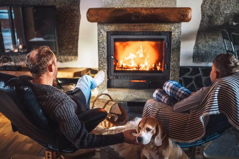 Vater sitzt mit Hund und seinem Sohn vor einem brennenden Kamin in Sesseln