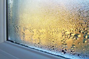 Kondenswasser an einem weißen Kunststofffenster