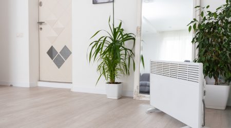 Infrarotheizung in einer Wohnung mit Spiegel und Pflanzen im Hintergrund