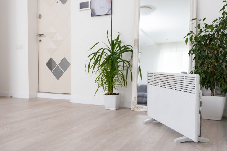 Infrarotheizung in einer Wohnung mit Spiegel und Pflanzen im Hintergrund