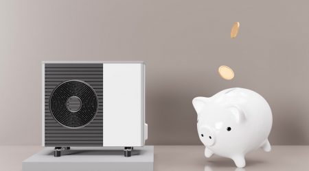 Sparschwein mit einer Wärmepumpe zur Symbolisierung einer Wärmepumpenförderung