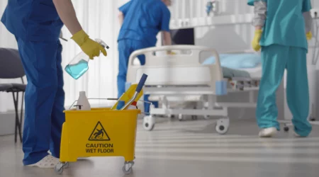 Mitarbeiter eines Krankenhaus putzen ein Krankenzimmer