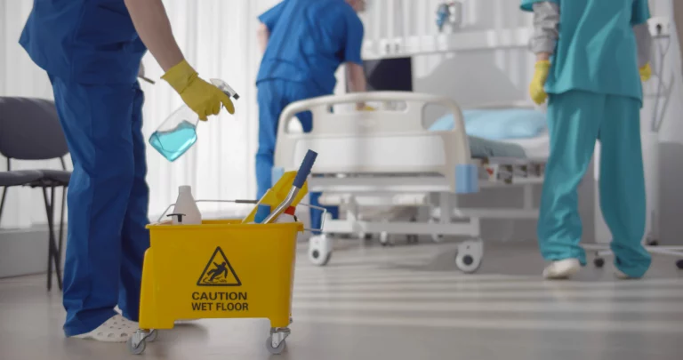 Mitarbeiter eines Krankenhaus putzen ein Krankenzimmer