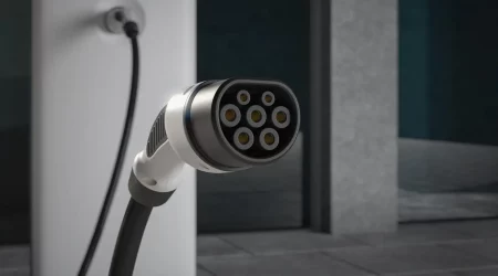 Ladekabel eines Elektroautos in der Nahaufnahme verbunden mit einer Wallbox