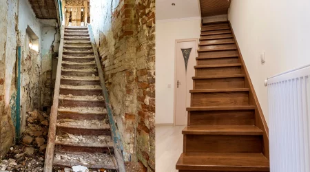 Vergleich zwischen einer komplett kaputten und einer sanierten Holztreppe