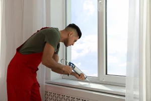 Fensterbauer in roter Latzhose bringt mit einer Silikonpistole Fugen neu bei einem Fenster an