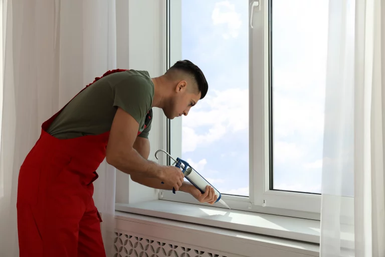 Fensterbauer in roter Latzhose bringt mit einer Silikonpistole Fugen neu bei einem Fenster an