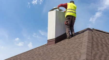 Ofenbauer steht auf einem Dach im Rahmen einer Kaminsanierung und setzt ein neues Bauteil auf einen Schornstein