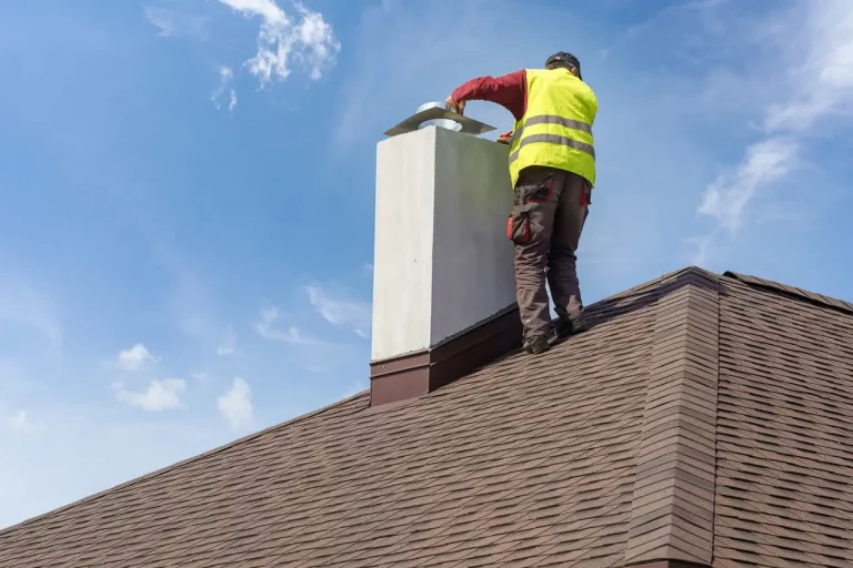 Ofenbauer steht auf einem Dach im Rahmen einer Kaminsanierung und setzt ein neues Bauteil auf einen Schornstein