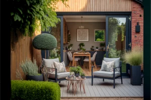 Gemütlich dekorierte Terrasse mit zwei Sesseln an einem Wohnhaus mit offener Tür zum Wohnzimmer