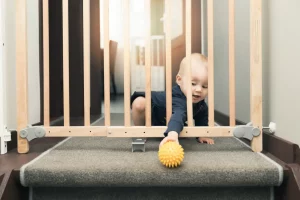 Kind spielt mit einem Ball hinter einem Schutzgitter aus Holz vor einer Treppe