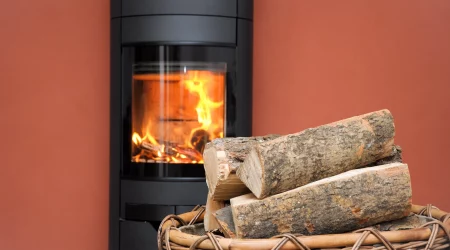Brennender Kaminofen mit Holzscheiten