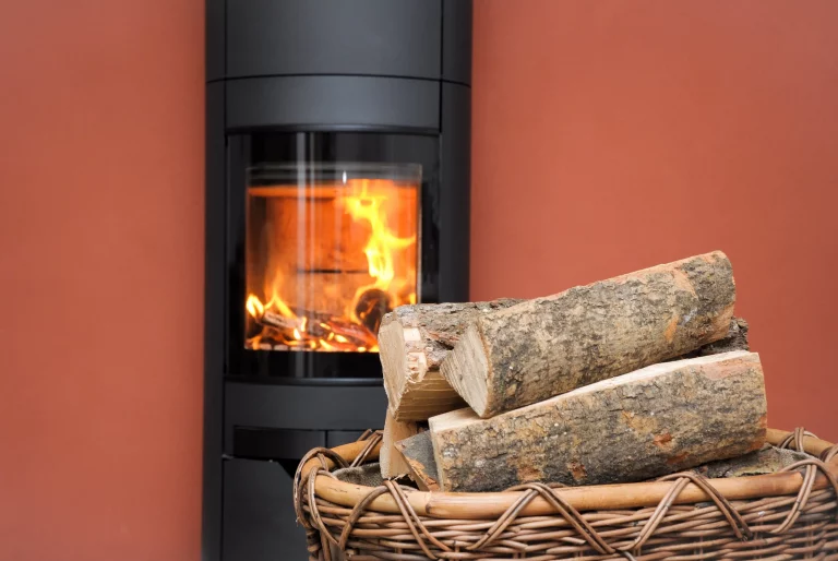Brennender Kaminofen mit Holzscheiten