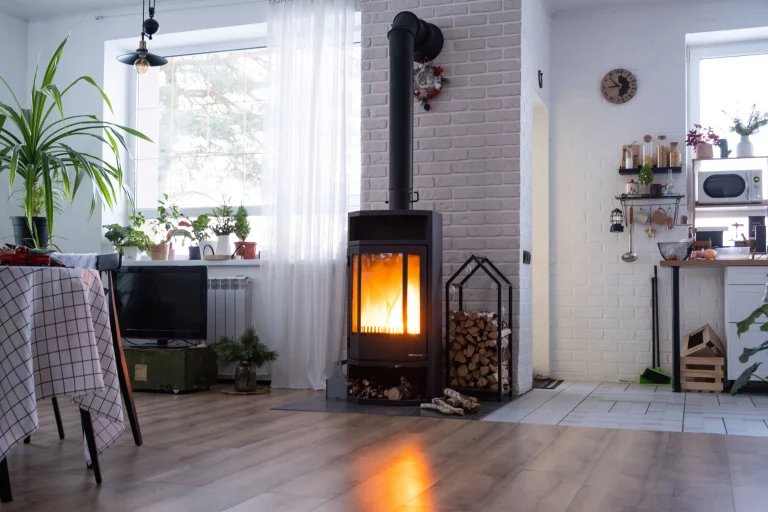 Schwarzer Kaminofen in einem rustikalen Wohnzimmer