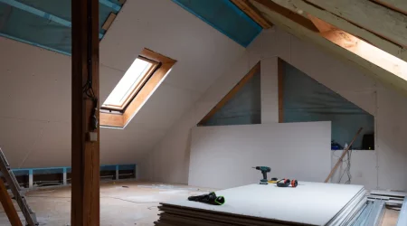 Dachboden im Ausbau mit Rigipsplatten und neuen Dachfenstern