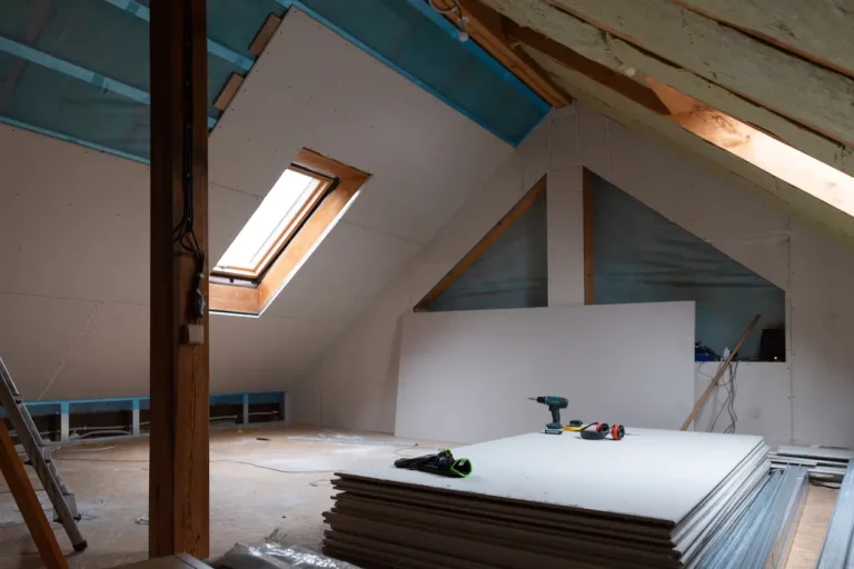 Dachboden im Ausbau mit Rigipsplatten und neuen Dachfenstern