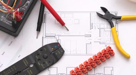 Elektrikerwerkzeug auf einer Wohnungsskizze