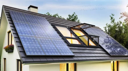 Modernes Einfamilienhaus mit Photovoltaikanlage auf dem Dach und geöffnetem Dachfenster zur Nutzung von Solarenergie.