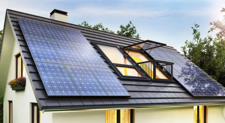 Modernes Einfamilienhaus mit Photovoltaikanlage auf dem Dach und geöffnetem Dachfenster zur Nutzung von Solarenergie.