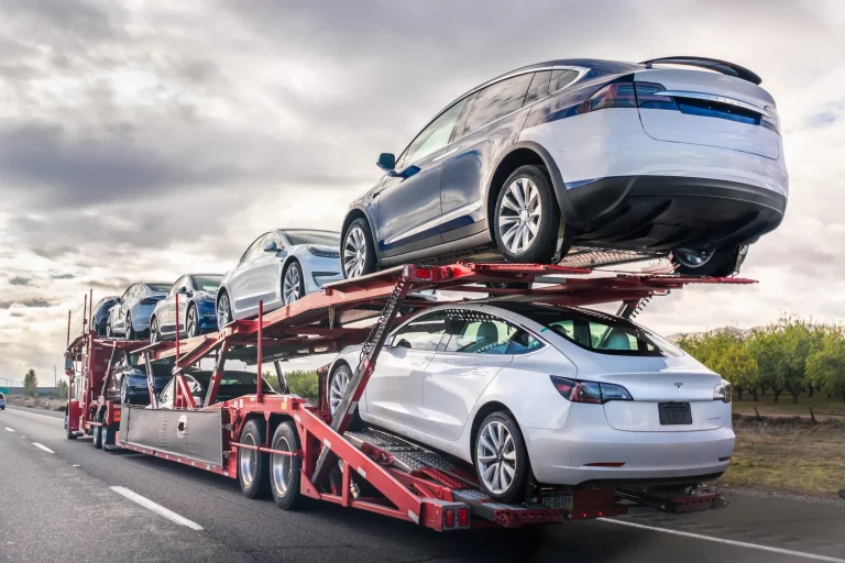 Autotransporter mit mehreren PKWs auf einem Anhänger bei der Fahrzeugüberführung auf einer Landstraße
