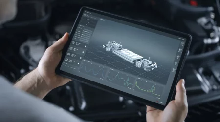Werkstattmitarbeiter hält ein Tablet in den Händen zur Diagnose von Elektroautobatterien